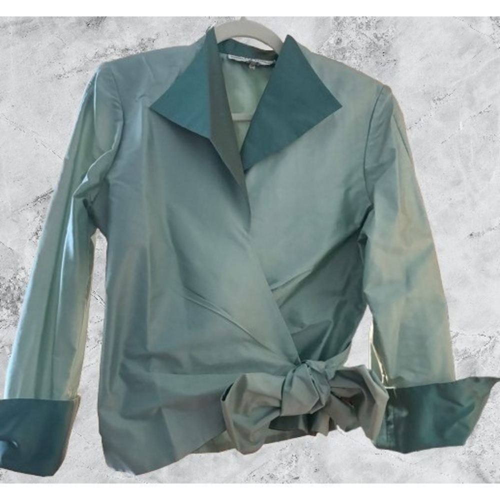 Marisa Baratelli 100% Thai Silk Wrap Blouse Seafoam Green Side Tie Top Size 6